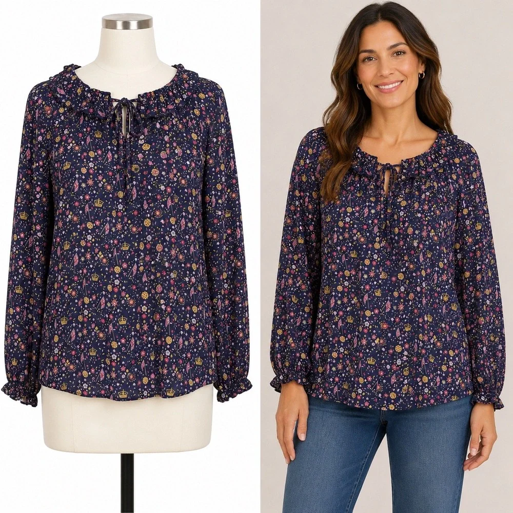 Boden Catriona Ruffle Keyhole Top French Navy Ditsy Floral Long Sleeve Crown